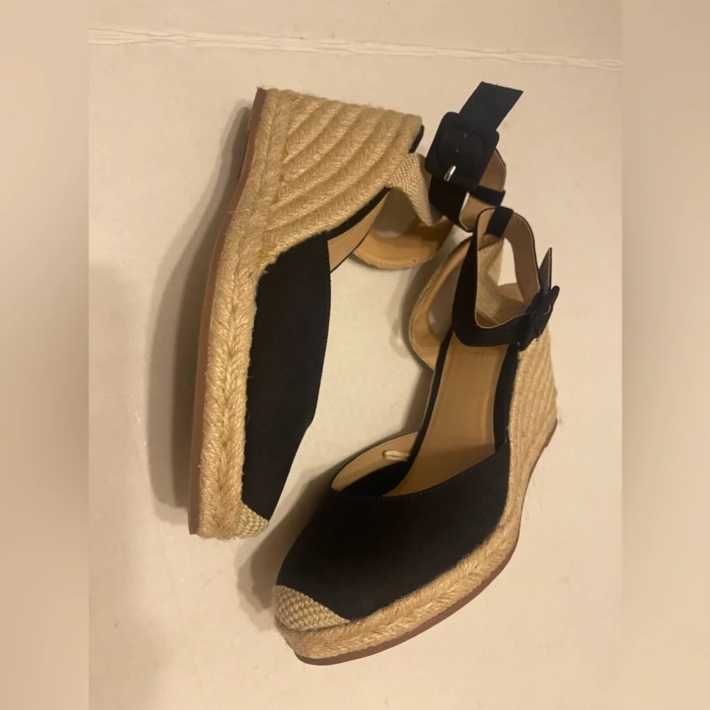 LOFT Black and Natural Espadrille Wedge Sandals